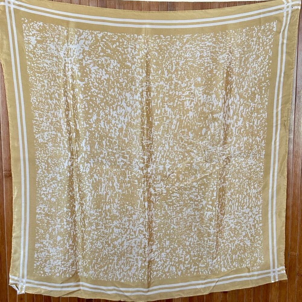 Vintage 1970s Echo Silk Scarf 23x23 Gold White Abstract Framed Square